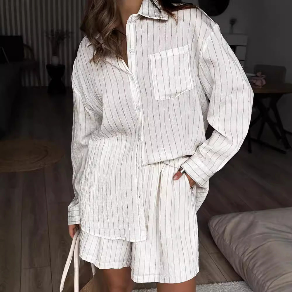 White Striped Long-sleeved Shirt Two-piece Comfortable