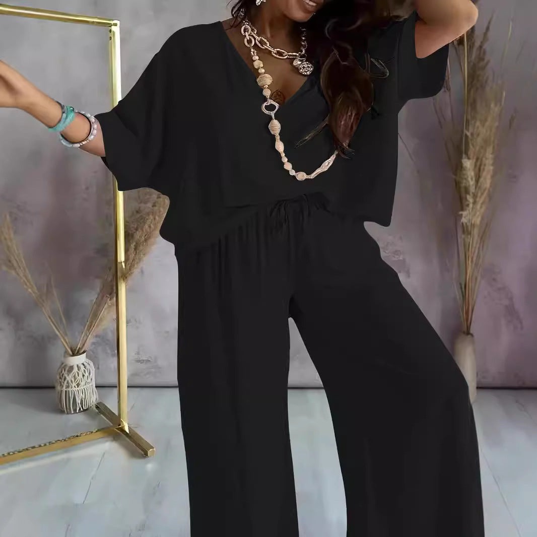 V-neck Batwing Sleeve Loose Wide Leg Pants Suit Women