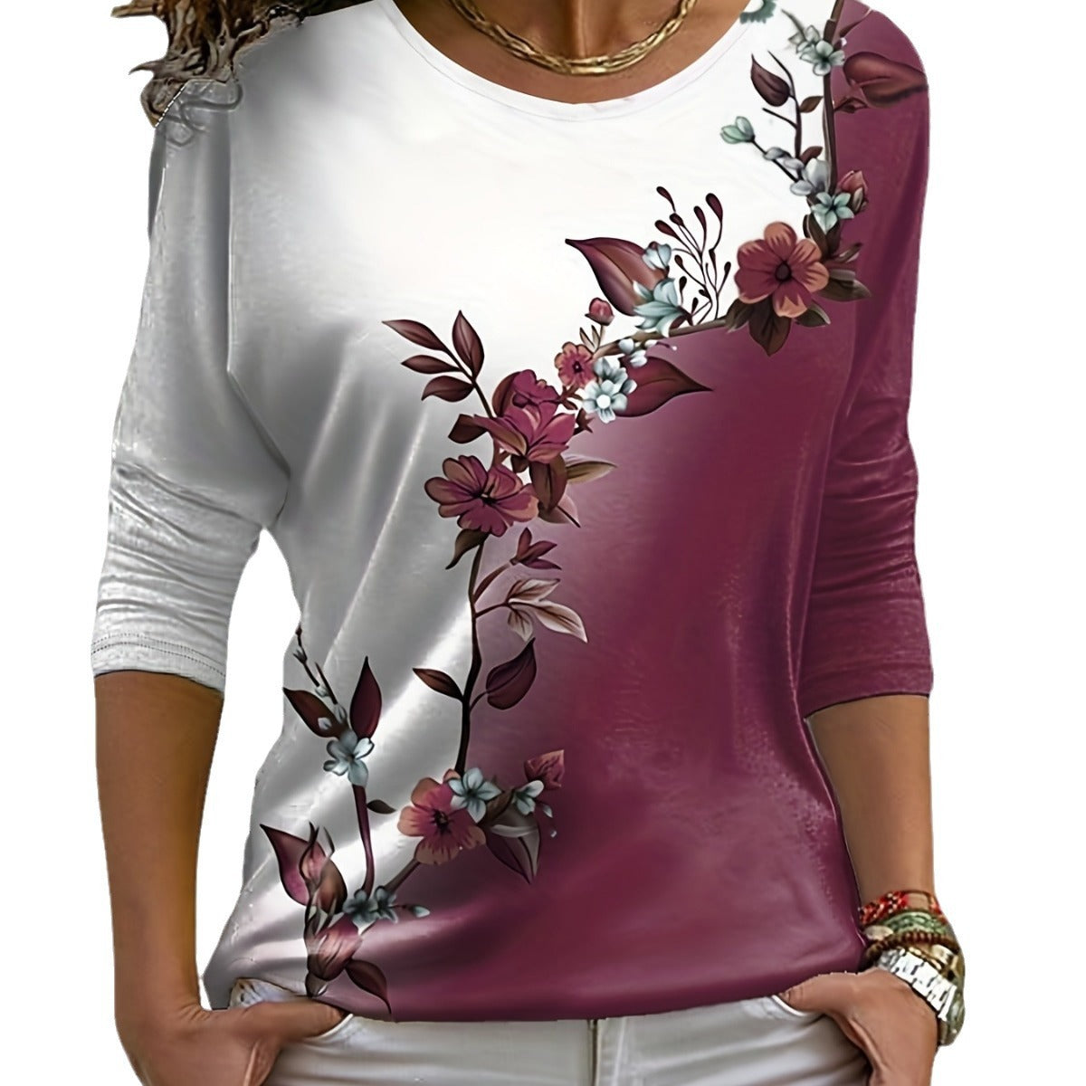 Floral Multicolor Printing Round Neck Casual Long Sleeve