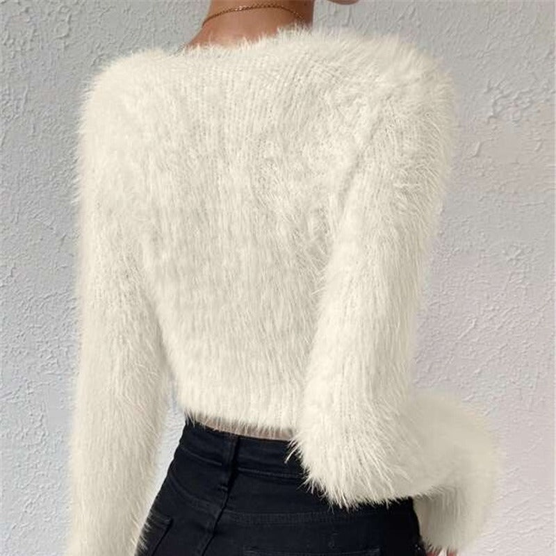 Autumn And Winter New Solid Color And V-neck Slim Fit All-match Plush Short Women's Sweater