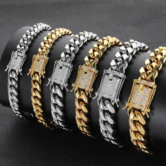 Stainless Steel Cuban Link Chain Hip Hop Bracelet Double-sided Drill Buckle