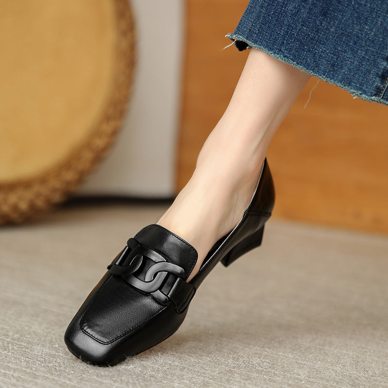 Leather Shoes Women's Chunky Heel Retro Square Toe Pumps Mid Heel