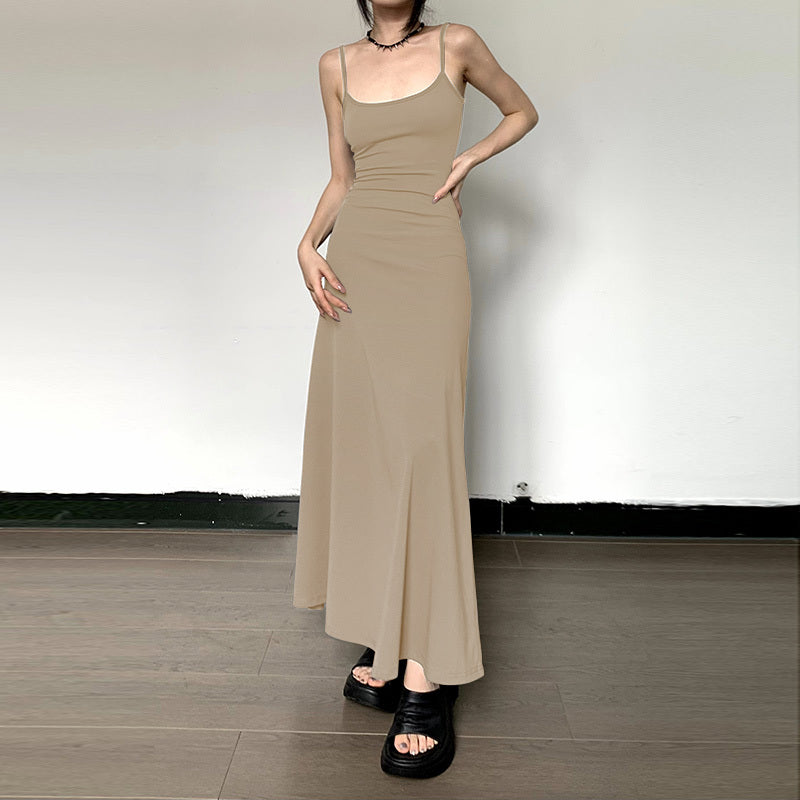 High-Waist Slimming Strap Dress, Solid Color Casual A-Line Knee-Length For Women