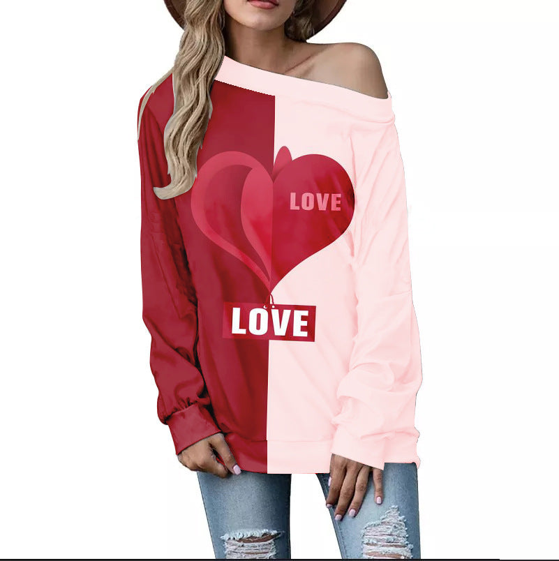 Women's Valentine's Day Pattern Printed Long Sleeve Loose Shoulder Sweater