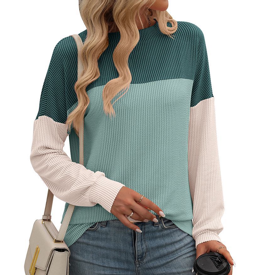 Round Neck Twist Strip Color Matching Long Sleeve Loose T-shirt For Women