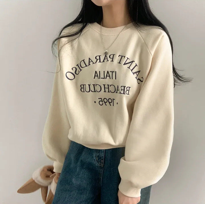 Light Letters Embroidery Velvet Thick Round Neck Sweater For Women