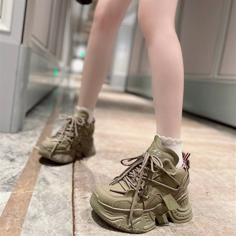 New Leather Lace Up Sponge Thick Soled Sports Casual Shoes For Women