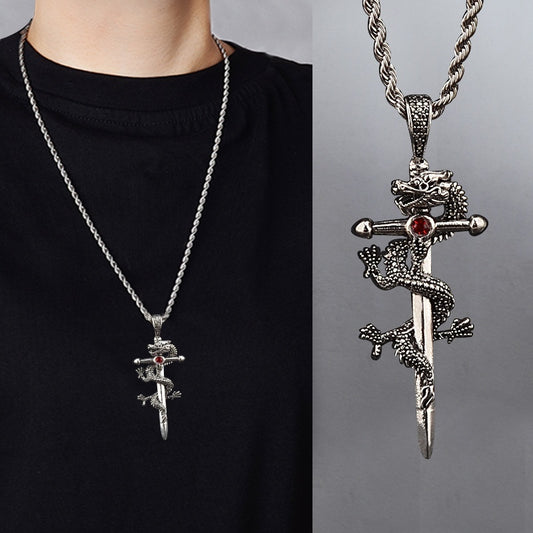 Fashion Jewelry Dragon Sword Pendant Necklace Paved Black Color Jewelry For Men Boy Christmas Gifts