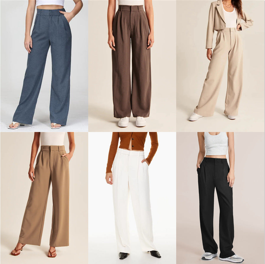 High Waist Straight Trousers With Pockets Wide Leg Casual Pants For Women