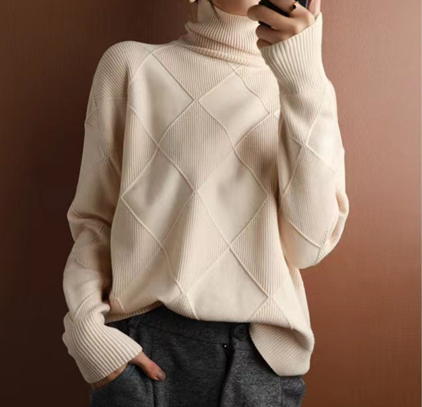 Women's Turtleneck Three-dimensional Rhombus Sweater