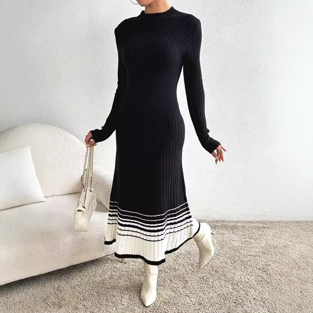 Women's Woolen Skirt Black And White Stripes Dress