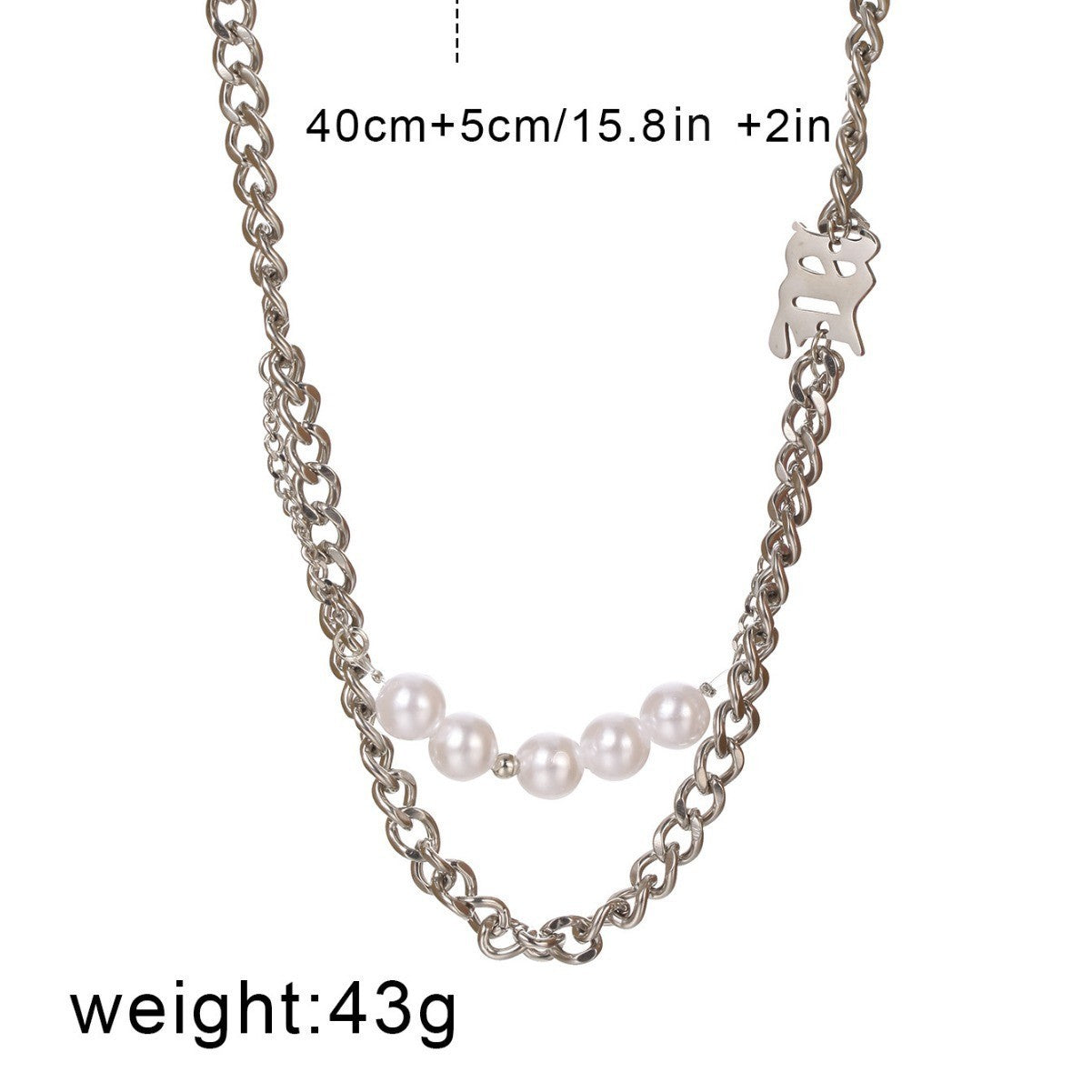 Double Layered Creative And Personalized Cuban Chain Necklace With Pearl Letter Splicing, Trendy Women's Outfit With Necklace Accessories