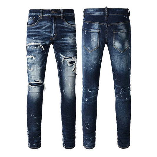 Trendamiri Ripped Jeans High Street Splash-ink Stretch Slim Fit Skinny Pants