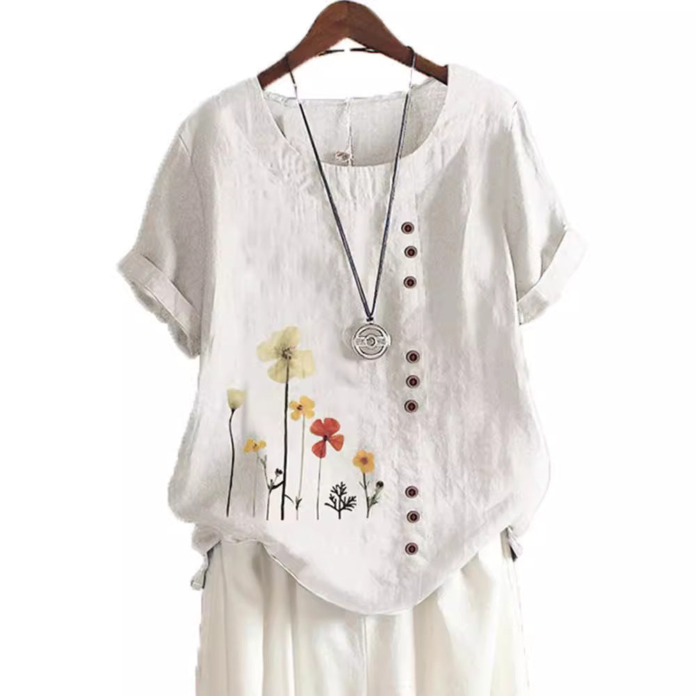 Cotton And Linen Printed Elegant Short Sleeve T-shirt Top Women