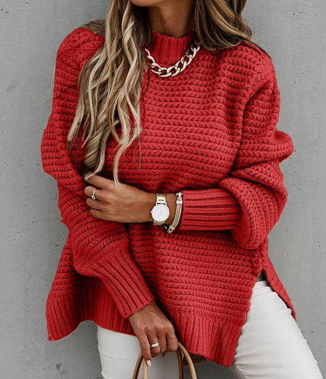 Solid color drawstring side slit knit sweater