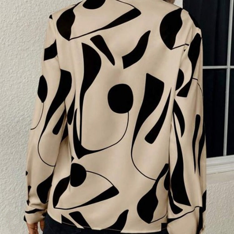 V-neck Long Sleeve Slimming Printed Stand Collar Shirt