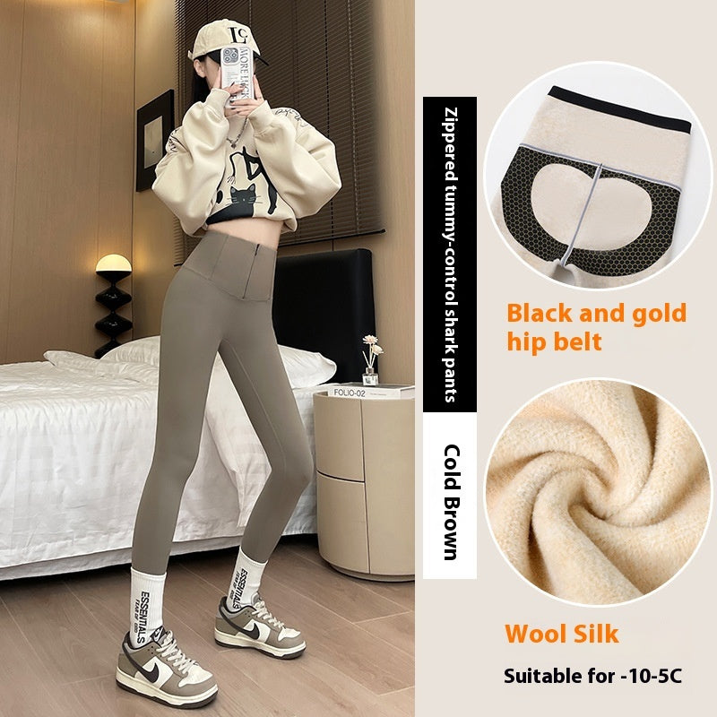 Belly-controlling Butt Lifting Leggings With Three-breasted Design Winter High Waist Slim Zippere Pants Warm Velvet And Thickened Trousers Women Clothing