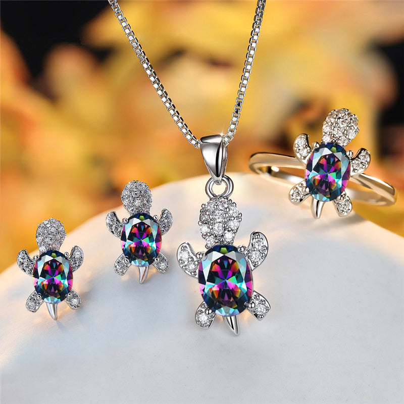 Fashion Oval Zircon Pendant Turtle Shape Necklaces With Rainbow Stone Multicolor Animal Necklace Jewelry For Woman And Children