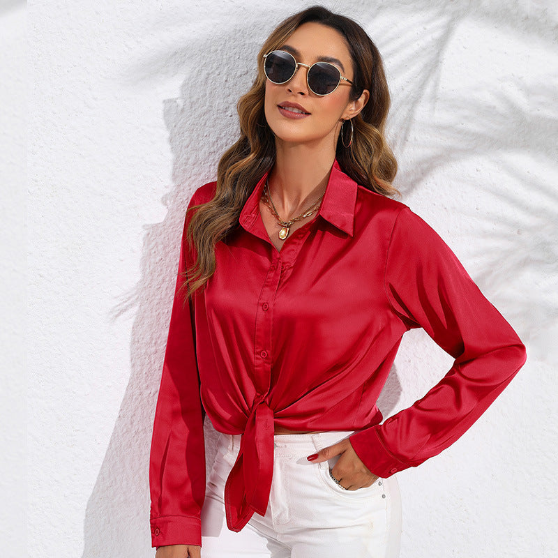 Women's Solid Color Satin Satin Long Sleeve Blouse