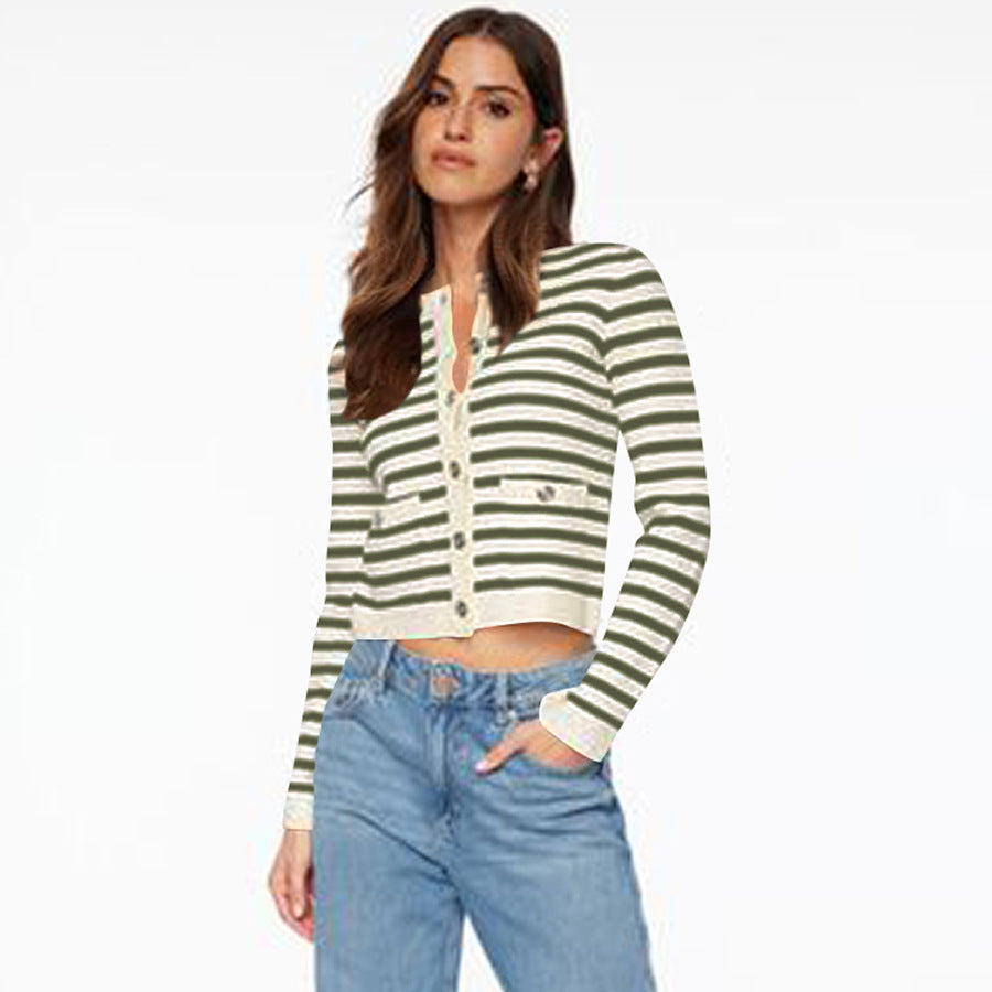 Comfort And Casual Long Sleeve Striped Button Top