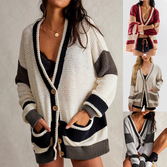 Knitted Coat Plus Size Pocket Color Matching Cardigan Sweater