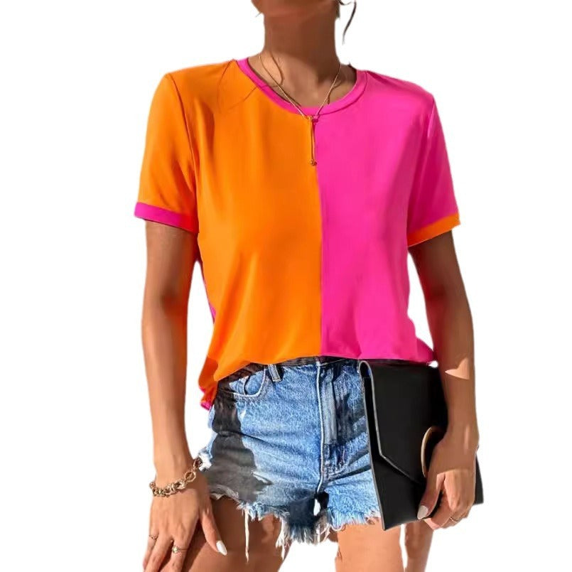 Women's Color Matching Simple Casual All-match Round Neck Short Sleeve