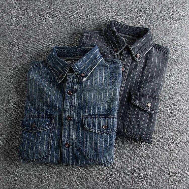 Denim Shirt Retro Heavy Distressed Thick Striped Long Sleeve Coat