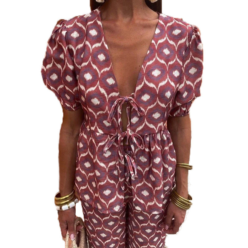 Summer Printed Pleated Women's Pants Suit Hollow Out Suit