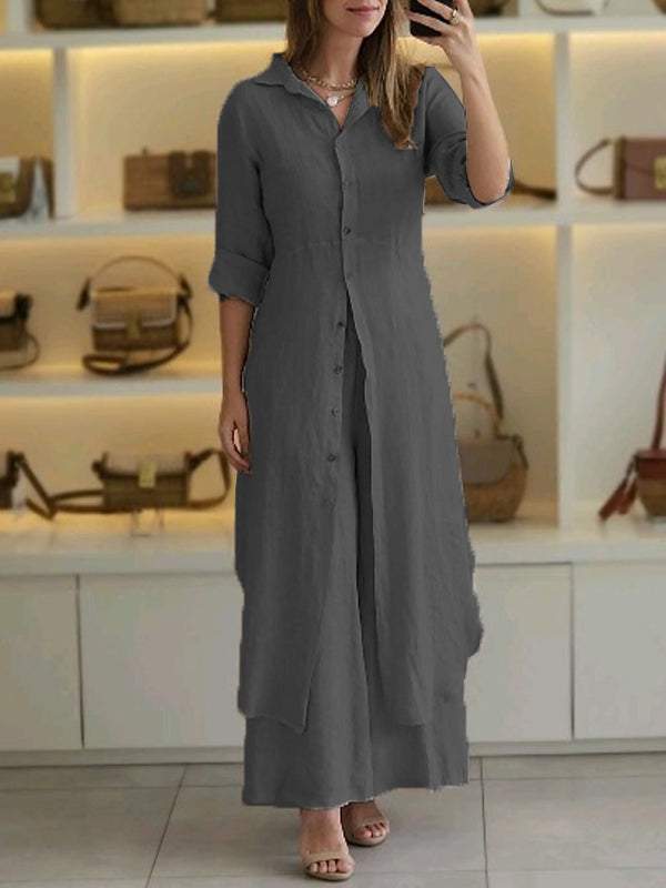 Urban Elegant Cotton And Linen Slim-fit Waist-tight Long Shirt Wide-leg Pants Suit