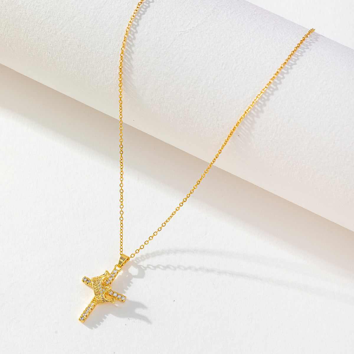 Crown Cross Clavicle Chain 18K Gold Zircon Pendant Necklace