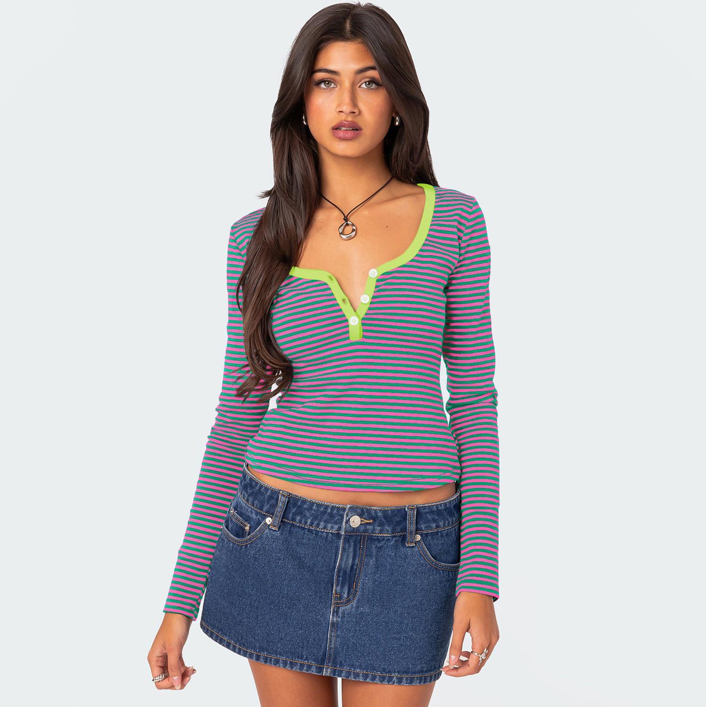 Contrast Color Striped Sweater Women's Button Slim T-shirt