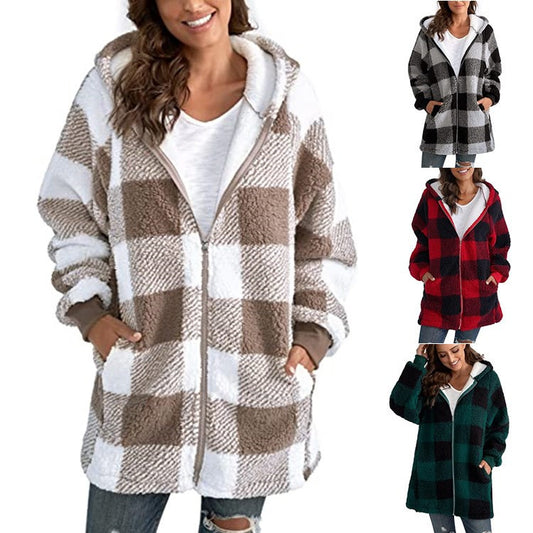 European And American Plush Women's Coat Long Sleeved Plaid