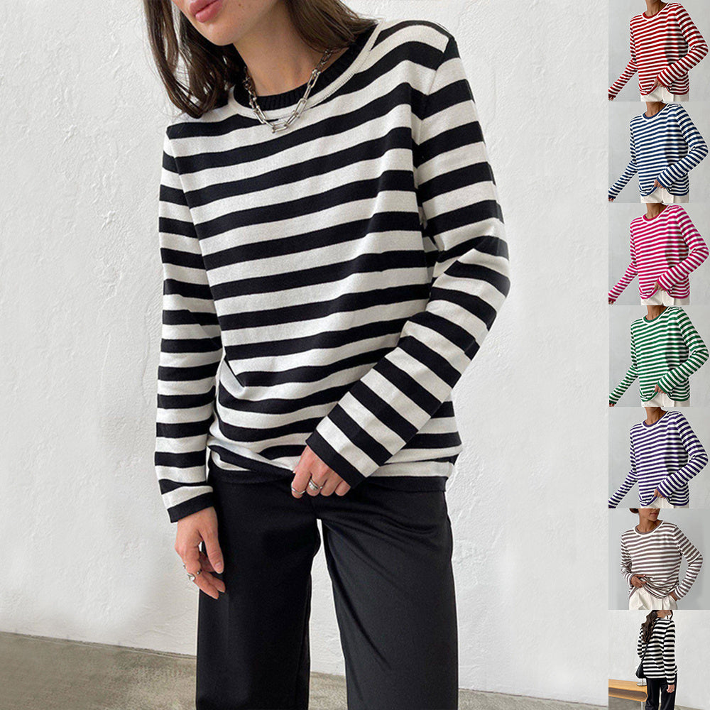 New Knitted Striped Long Sleeved Sweater Versatile Pullover Tops Womens Clothing