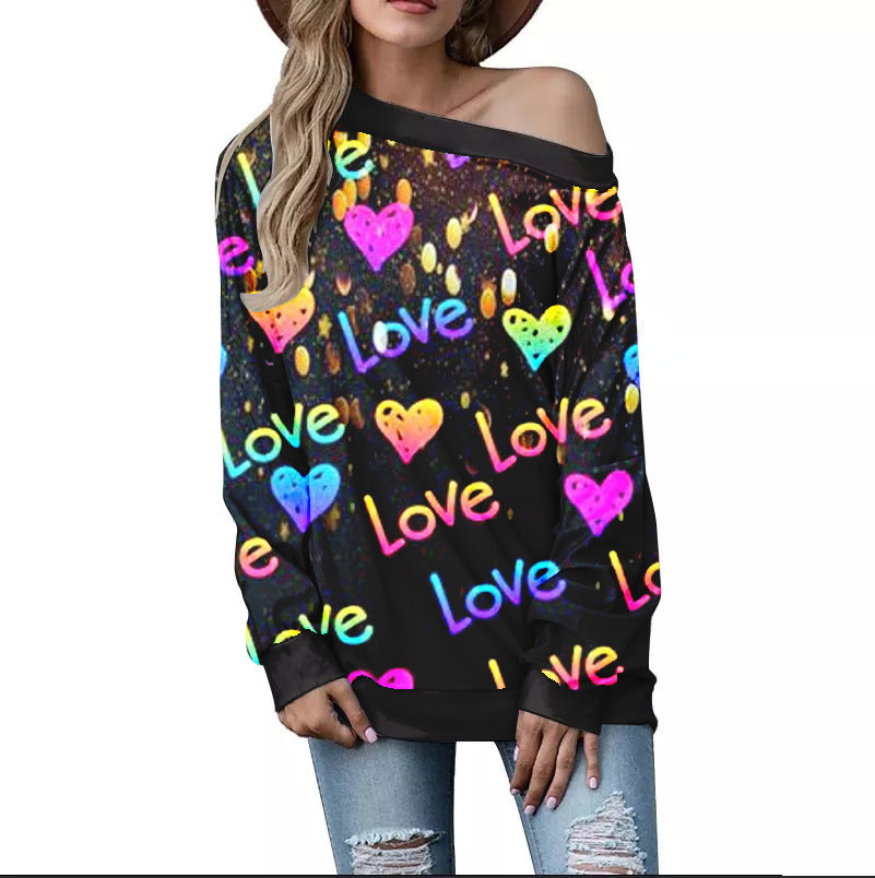 Women's Valentine's Day Pattern Printed Long Sleeve Loose Shoulder Sweater