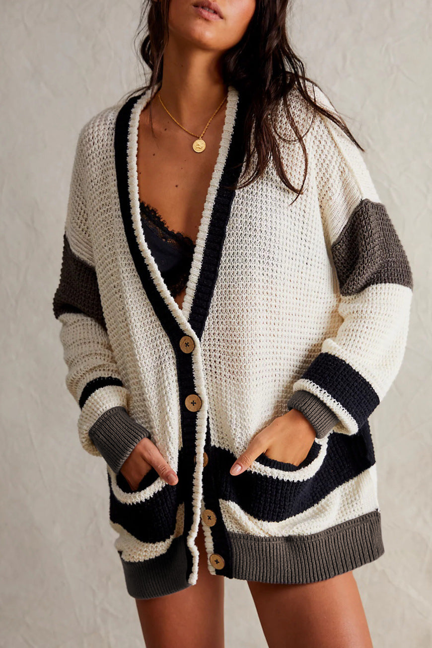 Knitted Coat Plus Size Pocket Color Matching Cardigan Sweater