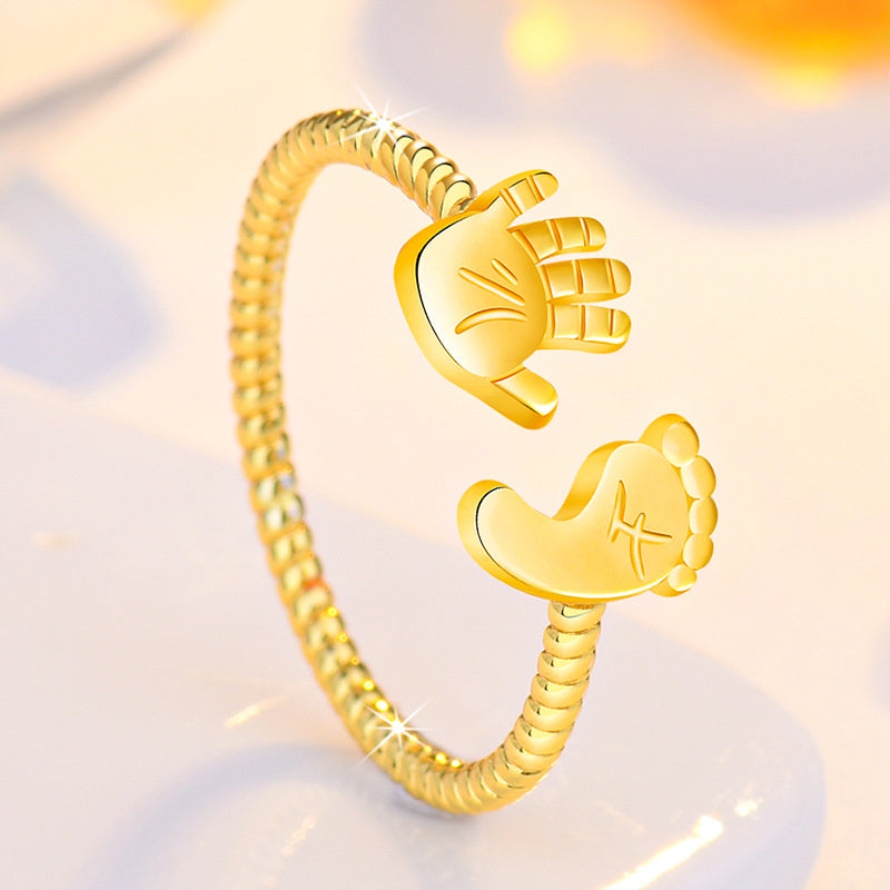 Personalized 18K Gold Feet Simple Bracelet Ring Diamond-embedded Baby Hands And Feet