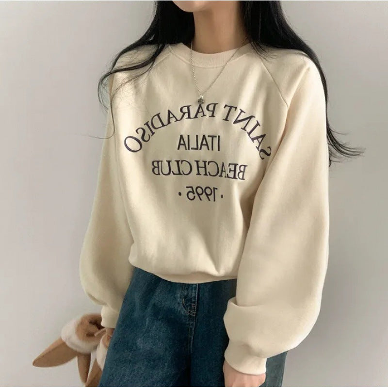 Light Letters Embroidery Velvet Thick Round Neck Sweater For Women