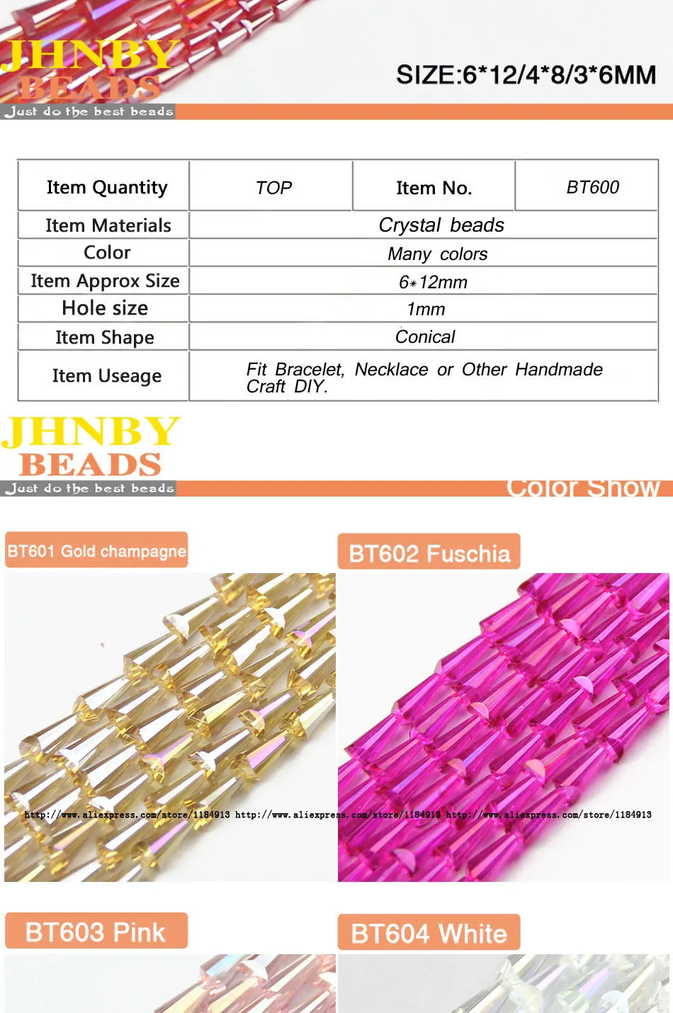 JHNBY Tower shape Upscale Austrian crystal beads conical loose beads glass ball 6*12mm 50pcs supply bracelet Jewelry Making DIY