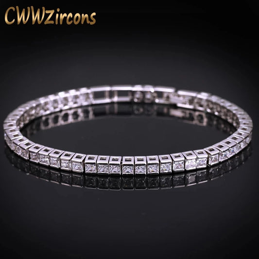 CWWZircons Brand Square 3mm Cubic Zirconia Tennis Bracelets for Woman White Gold Color Princess Cut CZ Wedding Jewelry CB169