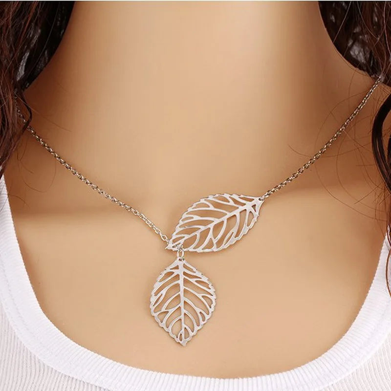 NK607 New Punk Fashion Minimalist Two Leaves Pendant Clavicle Necklaces For Women Jewelry Gift Tassel Summer Beach Chain Collier