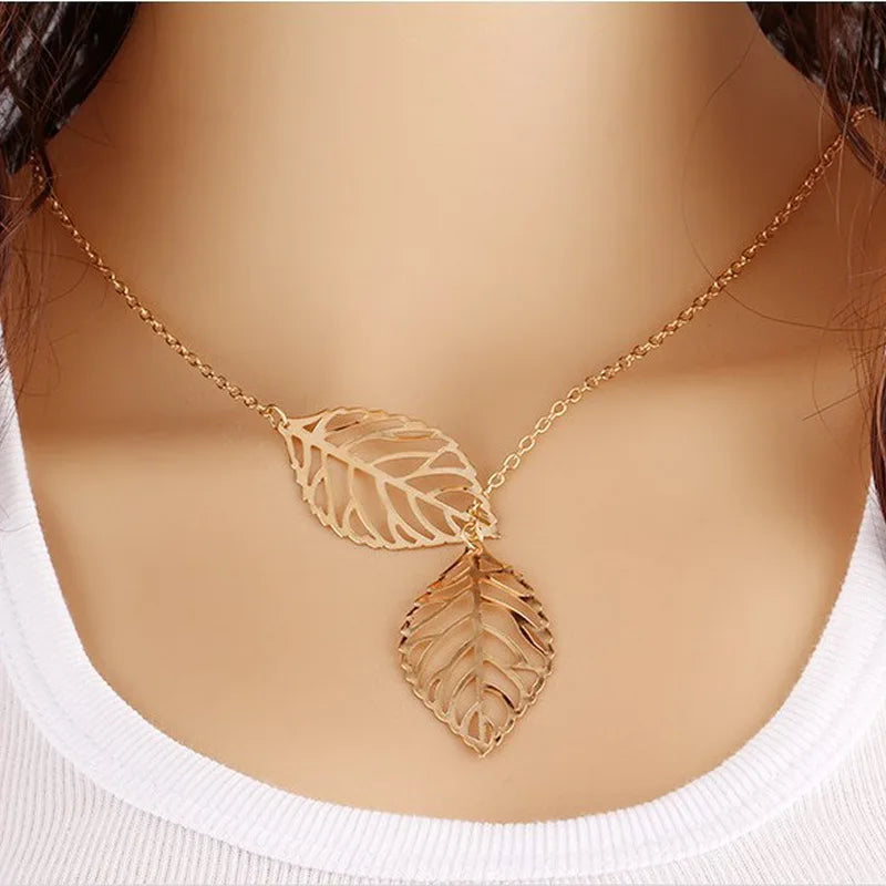 NK607 New Punk Fashion Minimalist Two Leaves Pendant Clavicle Necklaces For Women Jewelry Gift Tassel Summer Beach Chain Collier