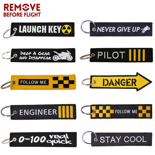 REMOVE BEFORE FLIGHT Novelty Keychain Launch Key Chain Bijoux Keychains for Motorcycles and Cars Key Tag New Embroidery Key Fobs