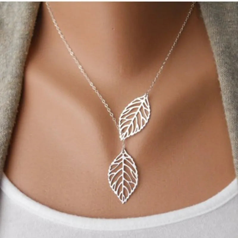 NK607 New Punk Fashion Minimalist Two Leaves Pendant Clavicle Necklaces For Women Jewelry Gift Tassel Summer Beach Chain Collier