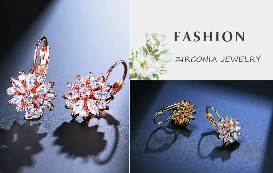 ZAKOL Fashion Rose Gold Color Hoop Earrings Flower Cluster Clear CZ Crystal Zirconia Earring for Women Jewelry Brincos EP609