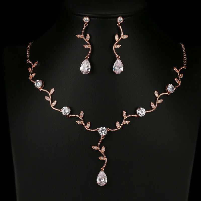 EMMAYA Rose Gold Color Zircon Crystal Bridal Jewelry Sets Leaf Shape Choker Necklace Earrings Wedding Ornament for Women