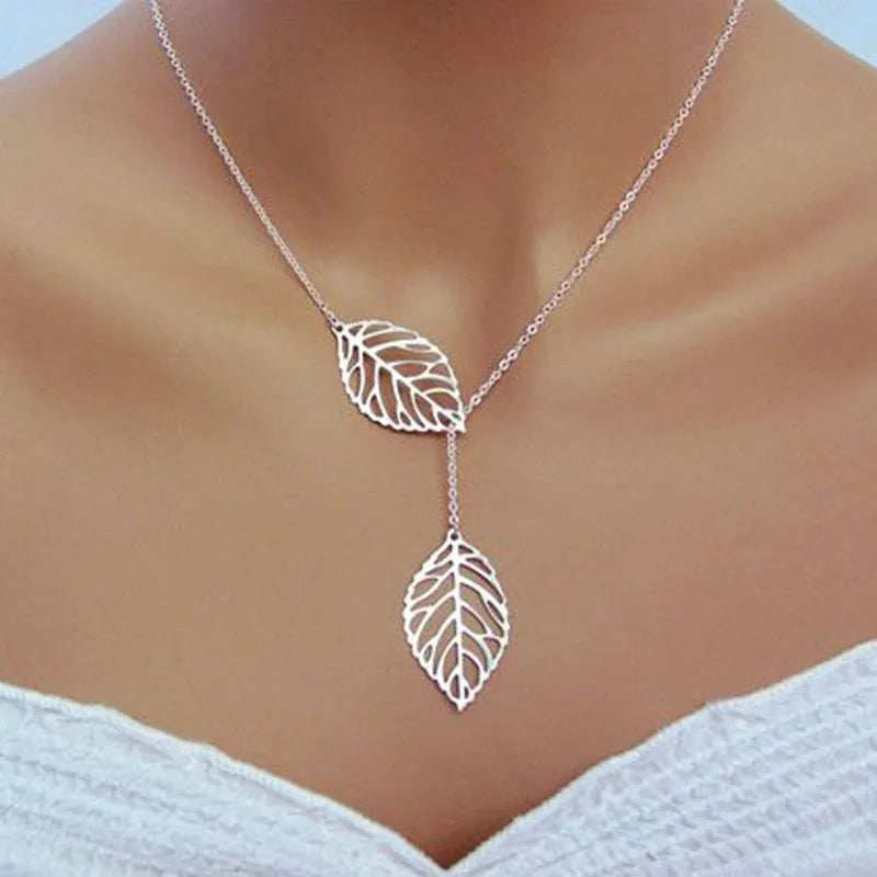 NK607 New Punk Fashion Minimalist Two Leaves Pendant Clavicle Necklaces For Women Jewelry Gift Tassel Summer Beach Chain Collier