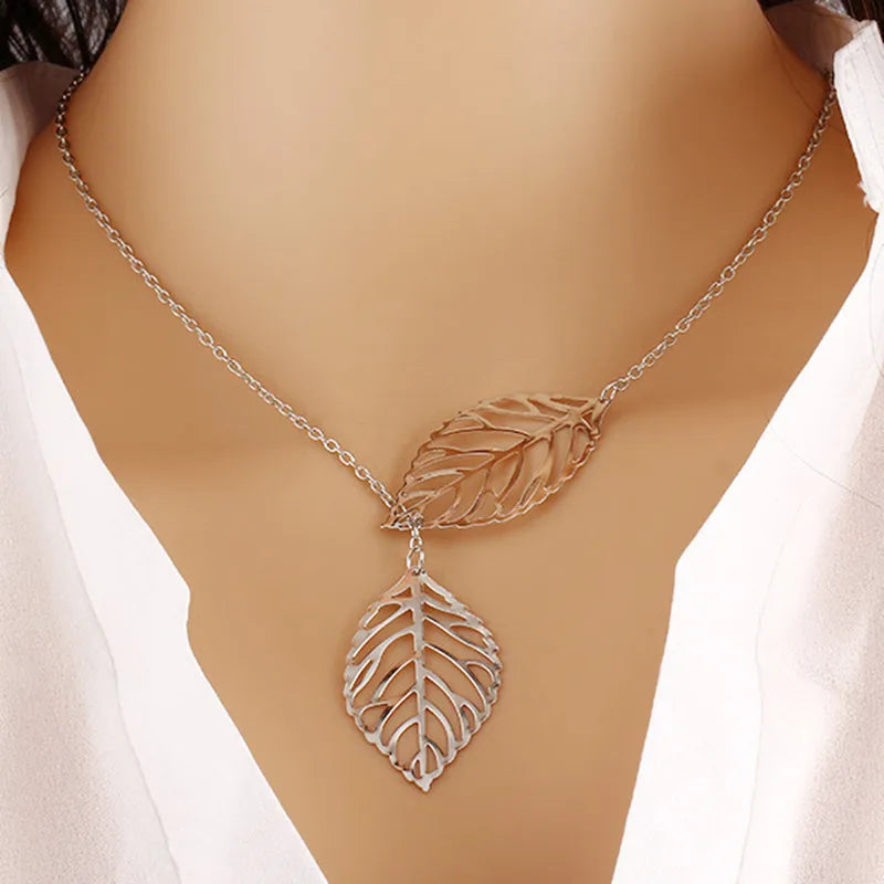 NK607 New Punk Fashion Minimalist Two Leaves Pendant Clavicle Necklaces For Women Jewelry Gift Tassel Summer Beach Chain Collier