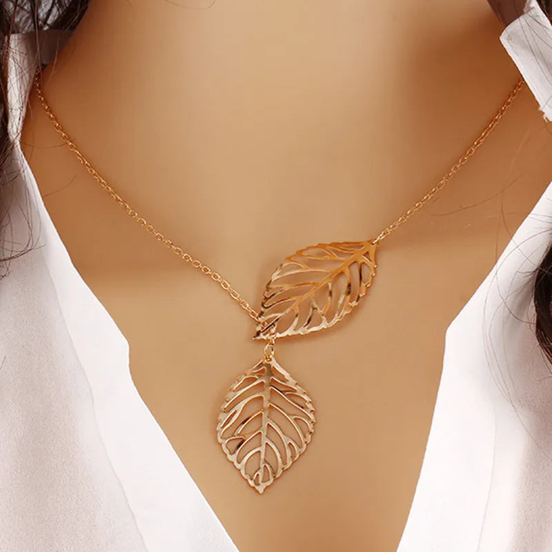 NK607 New Punk Fashion Minimalist Two Leaves Pendant Clavicle Necklaces For Women Jewelry Gift Tassel Summer Beach Chain Collier