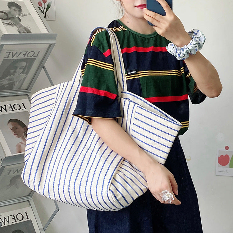 Canvas Bag For Women Ins Shoulder Large Capacity Idle Style Striped Fashion