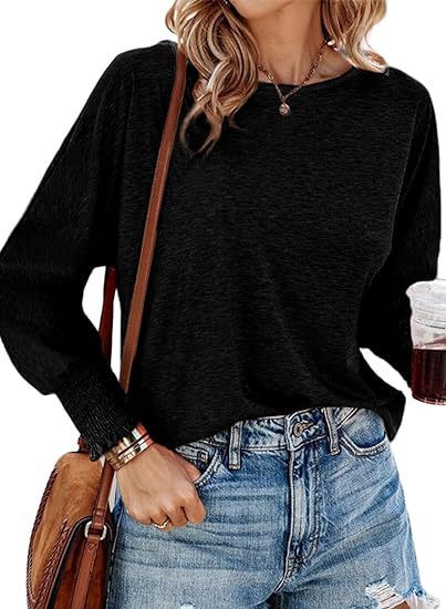 European And American Ins Fashion Women's Round Neck T-shirt Casual Loose Smocking Long Sleeve Top